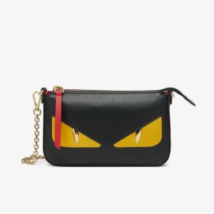 Fendi Baguette Pouch with Chain In Fendi Eyes Inlaid Leather Black
