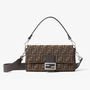 Fendi Baguette Bag In FF Jacquard Fabric and Calfskin Brown/Silver