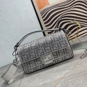 Fendi Baguette Bag Crystal FF Covered Leather Silver