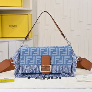 Fendi Baguette Bag FF Jacquard Denim with Fringes Blue
