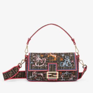 Fendi Baguette Bag FF Jacquard Fabric with Fendi Astrology Motif Brown