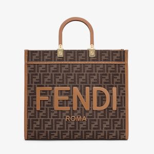 Fendi Medium Sunshine Shopper Bag In FENDI ROMA Lettering FF Jacquard Fabric Brown