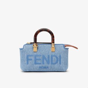 Fendi Mini By The Way Boston Bag In FENDI ROMA Embroidery Denim Blue