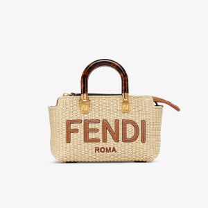 Fendi Mini By The Way Boston Bag In FENDI ROMA Lettering Raffia Beige/Brown