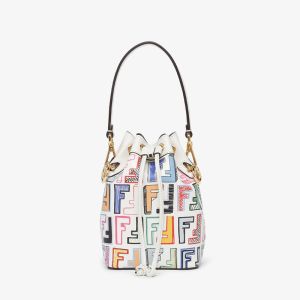Fendi Mini Mon Tresor Bucket Bag FF Graffiti Embossed Leather White