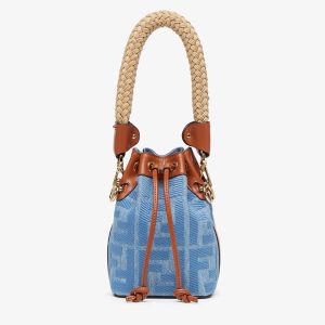 Fendi Mini Mon Tresor Bucket Bag with Straw Handle In FF Embroidery Denim Blue
