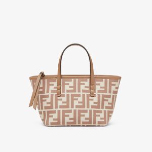 Fendi Mini Roll Shopper Bag FF Jacquard Fabric Beige