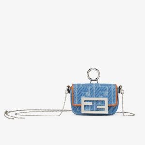 Fendi Nano Baguette Charm In FF Jacquard Denim Blue