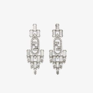 Fendi O'Lock Pendant Earrings In Metal with Geometric Crystals Palladium