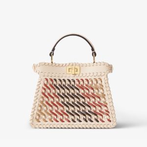 Fendi Petite Peekaboo ISeeU Bag In Calfskin with Multicolor Woven Leather and Suede Beige
