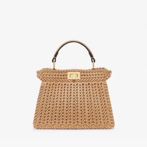 Fendi Petite Peekaboo ISeeU Bag In Camellia Interlace Leather Brown