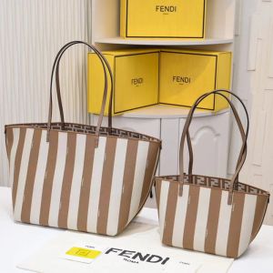 Fendi Roll Reversible Shopper Bag In Pequin Striped and FF Fabric Brown