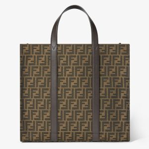 Fendi Shopper Bag In FF Jacquard Fabric Brown