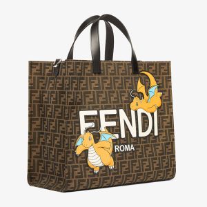 Fendi Shopper Bag FF Jacquard Fabric with Pokemon Dragon Motif Brown/Yellow