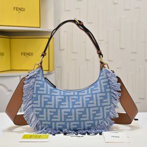 Fendi Small Fendigraphy Hobo Bag FF Jacquard Denim with Fringes Blue