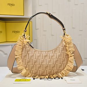 Fendi Small Fendigraphy Hobo Bag FF Jacquard Raffia with Fringes Beige