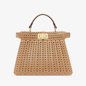 Fendi Small Peekaboo ISeeU Bag In Camellia Interlace Leather Brown