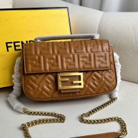 Fendi Baguette Chain Midi Bag In FF Embossed Nappa Leather Brown