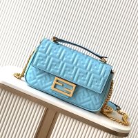 Fendi Baguette Chain Midi Bag In FF Embossed Nappa Leather Sky Blue