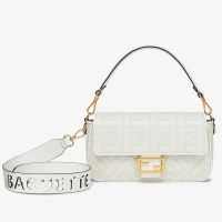 Fendi Baguette Bag with Laser Cut Strap In FF Embroidery Canvas White