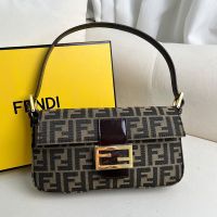 Fendi Baguette Shoulder Bag In FF Jacquard Fabric and Calfskin Brown/Gold
