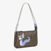 Fendi Baguette Pouch with Strap FF Jacquard Fabric with Pokemon Dragon Motif Brown/Blue