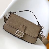 Fendi Baguette Selleria Bag In Cuoio Romano Leather with Topstitches Khaki