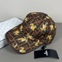 Fendi Baseball Cap FF Embroidery Canvas with Pokemon Dragons Motif Brown