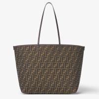 Fendi Large Roll Shopper Bag In FF Jacquard and Striped Pequin Fabric Brown