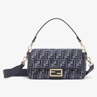 Fendi Medium Baguette Bag In FF Motif Chenille Dark Blue