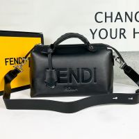 Fendi Medium By The Way Boston Bag In FENDI ROMA Embossed Calfskin Black