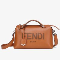 Fendi Medium By The Way Boston Bag In FENDI ROMA Embossed Calfskin Brown
