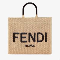 Fendi Medium Sunshine Shopper Bag In FENDI ROMA Embroidery Raffia Beige/Black