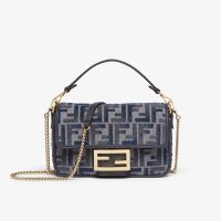 Fendi Mini Baguette Bag In FF Motif Chenille Dark Blue