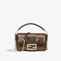 Fendi Mini Baguette Bag FF Jacquard Fabric with Sequins Brown