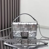 Fendi Mini Baguette Bag In FF Embossed Nappa Leather Silver