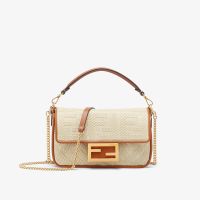 Fendi Mini Baguette Bag FF Embroidery Straw Beige
