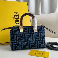 Fendi Mini By The Way Boston Bag In FF Jacquard Chenille Navy Blue