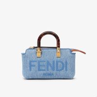 Fendi Mini By The Way Boston Bag In FENDI ROMA Embroidery Denim Blue