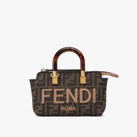Fendi Mini By The Way Boston Bag ROMA Logo FF Jacquard Fabric Brown