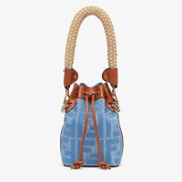 Fendi Mini Mon Tresor Bucket Bag with Straw Handle In FF Embroidery Denim Blue