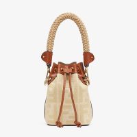 Fendi Mini Mon Tresor Bucket Bag with Straw Handle In Straw with FF Embroidery Beige