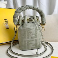 Fendi Mini Mon Tresor Bucket Bag with Woven Handle In FF Embroidery Canvas Olive