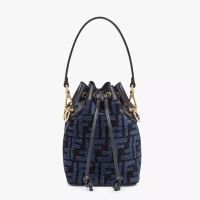 Fendi Mini Mon Tresor Bucket Bag In FF Jacquard Chenille Navy Blue
