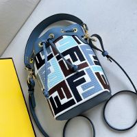 Fendi Mini Mon Tresor Bucket Bag In Multicolor FF Embroidery Canvas Blue