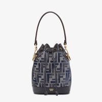 Fendi Mini Mon Tresor Bucket Bag FF Embroidery Chenille Dark Blue