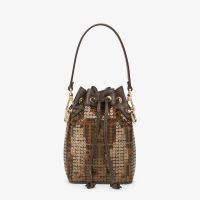 Fendi Mini Mon Tresor Bucket Bag In FF Jacquard Fabric with Sequins Brown