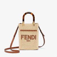 Fendi Mini Sunshine Shopper Bag In FENDI ROMA Lettering Raffia Beige/Brown