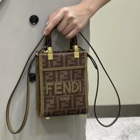 Fendi Mini Sunshine Shopper Bag In FENDI ROMA Lettering FF Jacquard Fabric Brown