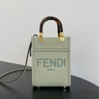 Fendi Mini Sunshine Shopper Bag In FENDI ROMA Embossed Calfskin Mint Green